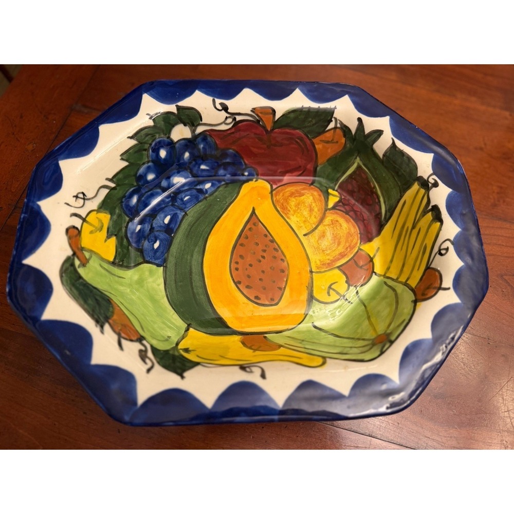Large Vintage Mexican Talavera Majolica Serving Bowl Hand Painted Octagonal Frui